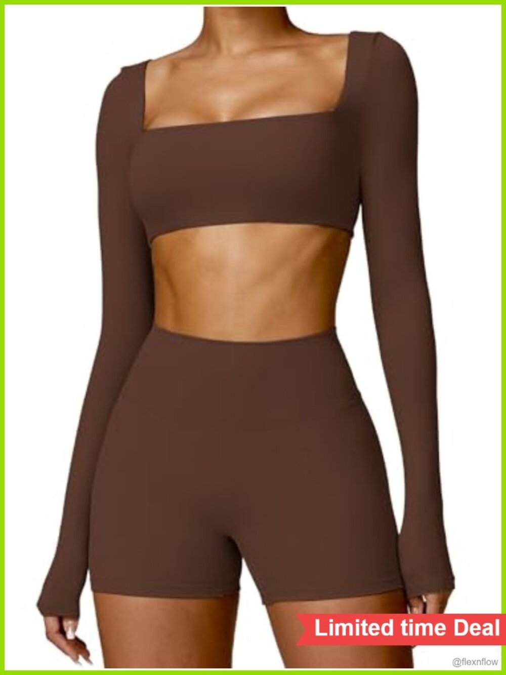 Women 2 Piece Workout Set Nylon Spandex Long Sleeve Crop Top Biker Shorts Gym